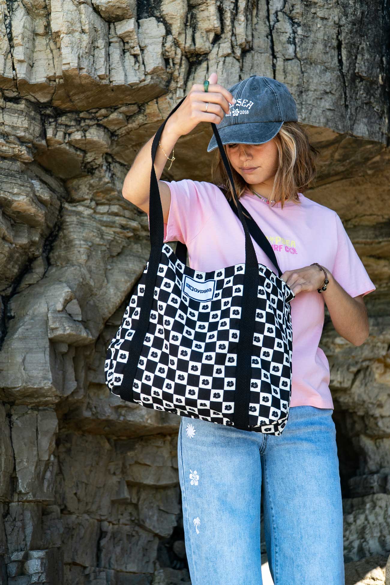 Hibiscus Black Shopping Bag